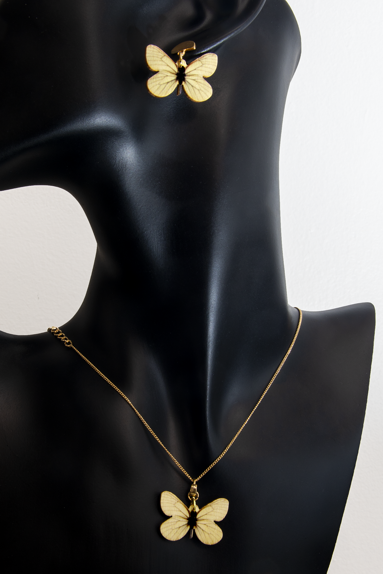 Wood Yellow Butterfly Earrings and Collar Set