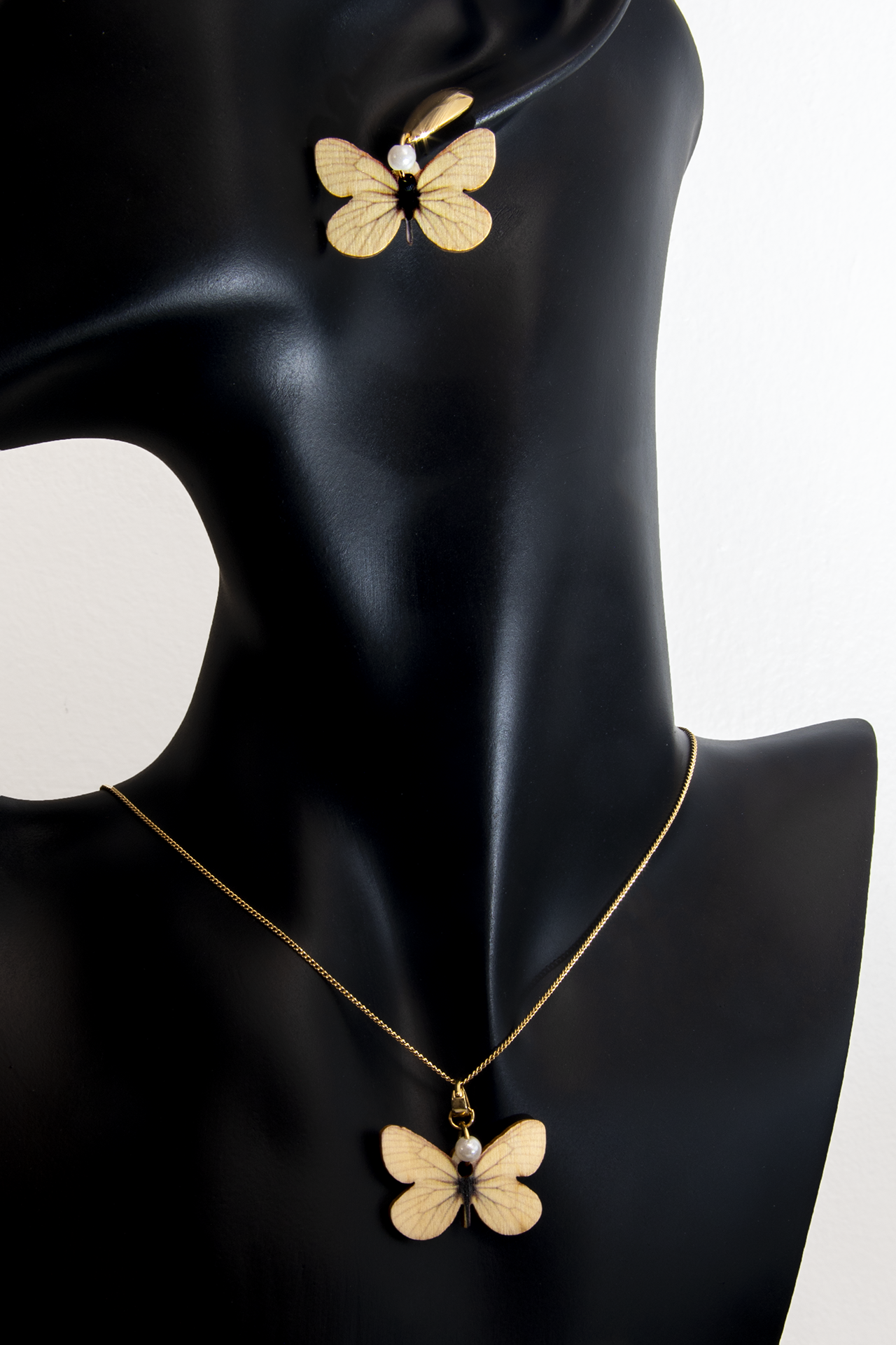 Wood Yellow Butterfly With Pearl Earrings and Collar Set