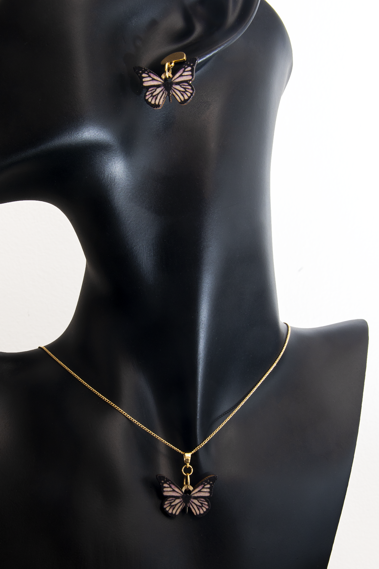 Wood Black Butterfly Earrings and Collar Set