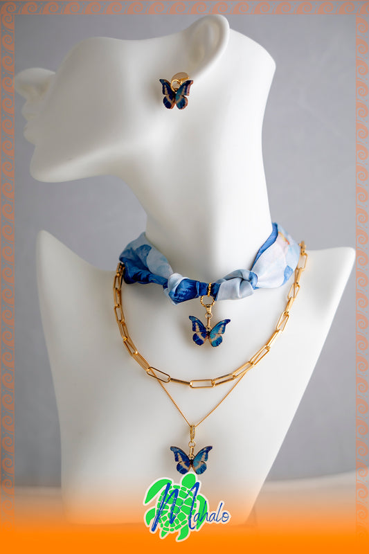 Hawaiian Blue scarf with wood butterfly