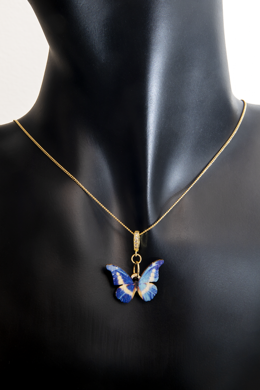 Wood Blue Butterfly Necklace