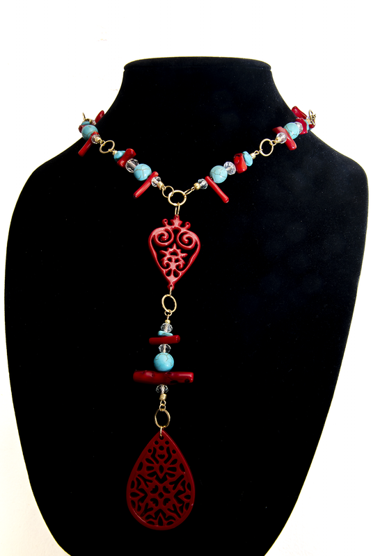 Red and Blue Earrings and Necklace Set