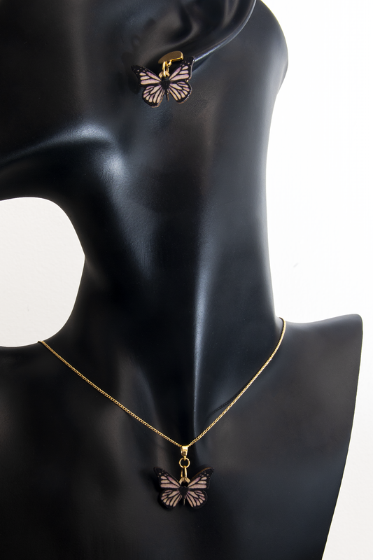 Wood Black Butterfly Earrings and Collar Set