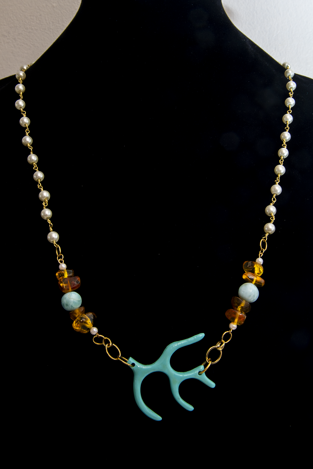 Pearl, Amber and Larimar Earrings and Collar Set 2