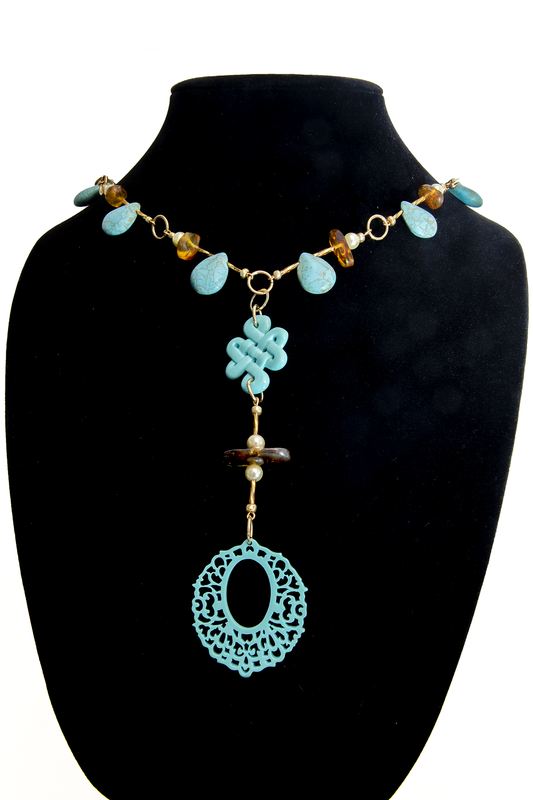 Turquoise and Amber Earrings and Necklace Set
