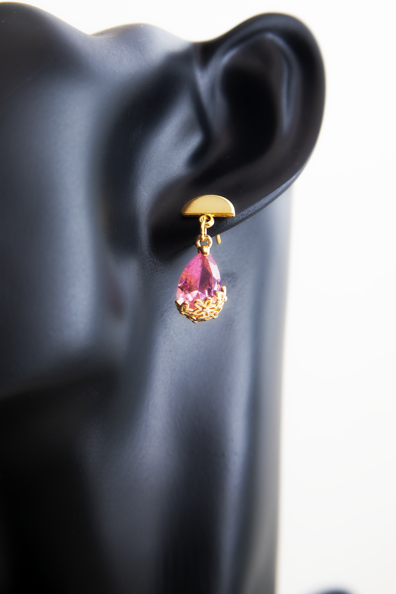 Pink Crystal Raindrop Gold Plated Earring